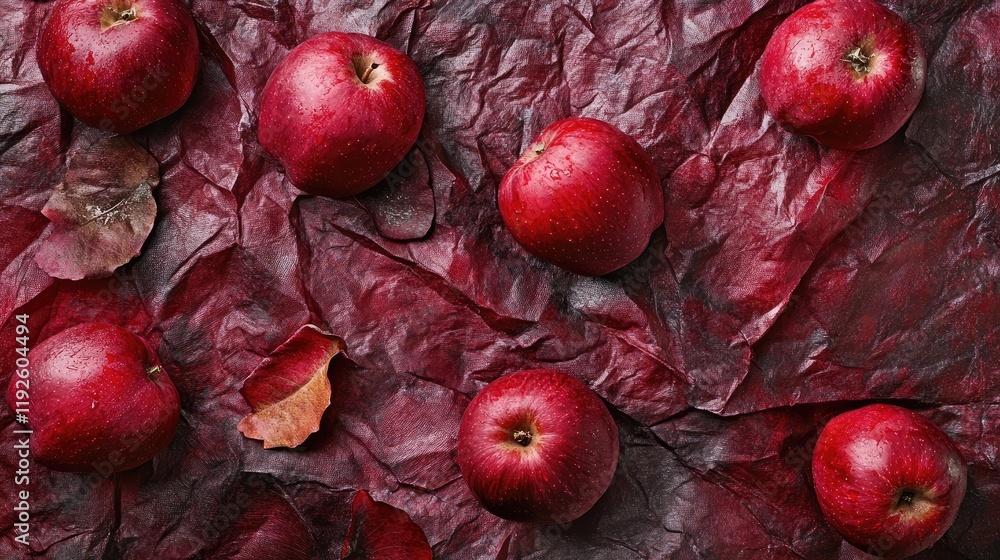 Poster Crumpled red apples scattered over a textured deep red background with hints of fallen leaves for a rustic autumn feel