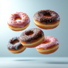Delicious assorted donuts with sprinkles levitating against a soft blue background. Perfect for food blogs, bakery websites, or sweet treat advertisements.