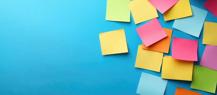 Business team brainstorming with colorful sticky notes on blue background emphasizing collaboration and creative ideas with space for text