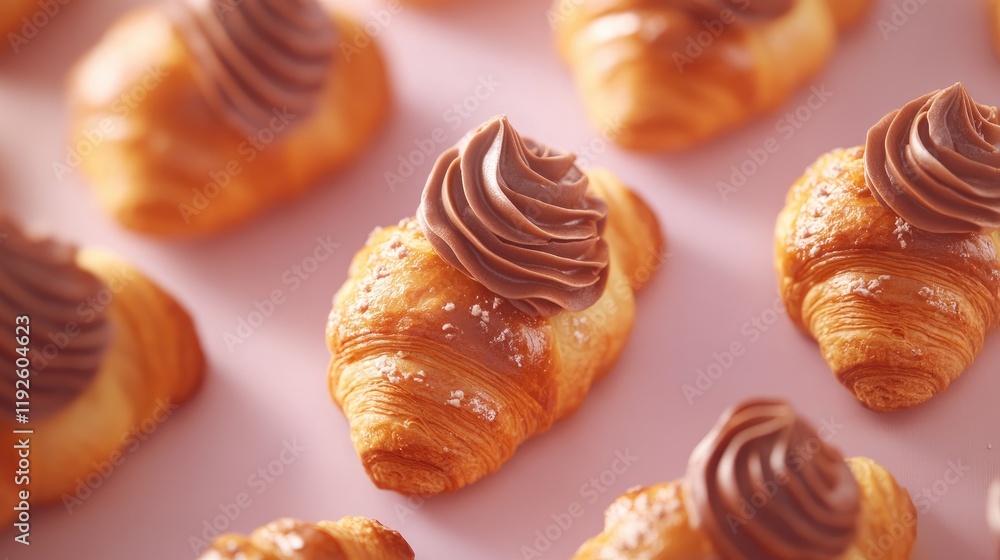 Poster chocolate cream topped croissants arranged aesthetically on a soft pink background for a tempting de
