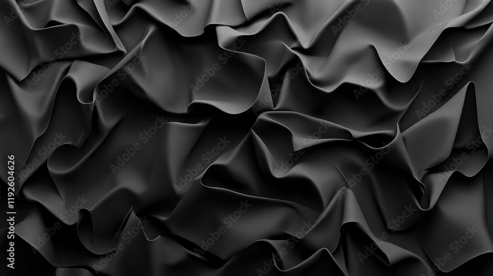 Poster crumpled black paper texture with high detail showcasing rich shadows and highlights for artistic an