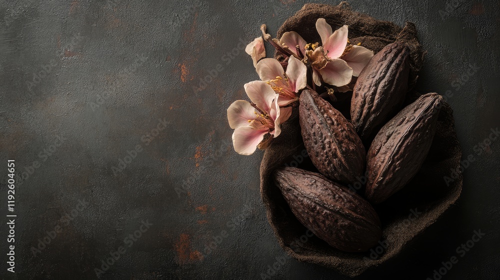 Aufkleber Cocoa pods and dried cocoa beans with delicate flowers on a textured dark background conveying a rich chocolate theme and natural beauty