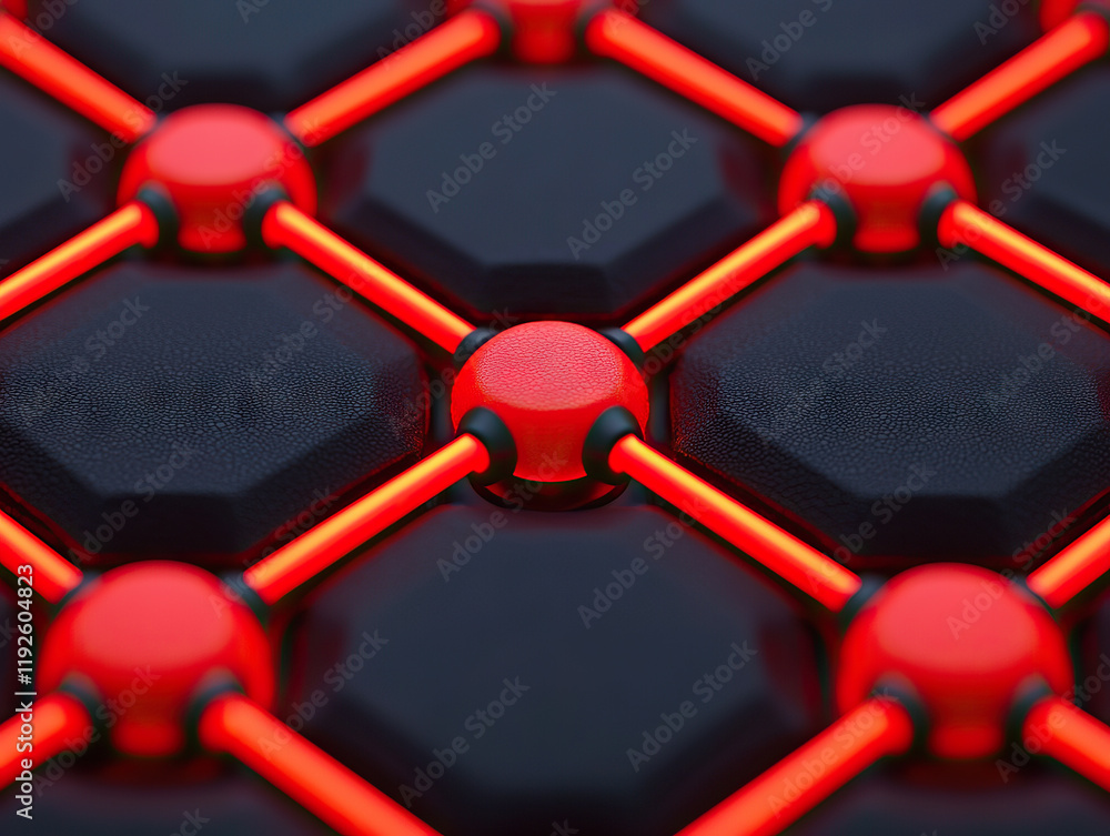 Poster futuristic grid of glowing red nodes interconnected by neon lines on textured black surface