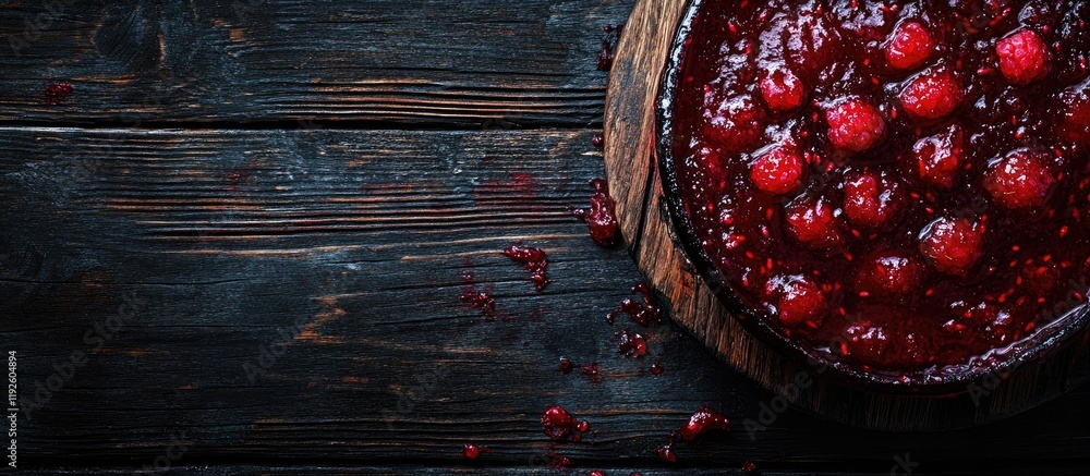Poster raspberry jam in wooden bowl on dark tabletop with fresh berries blank space for culinary text or re