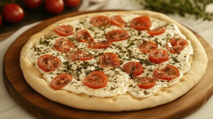 Margherita Pizza on Rustic Wood Platter with Fresh Tomatoes Herbs and Spices Ready for Baking