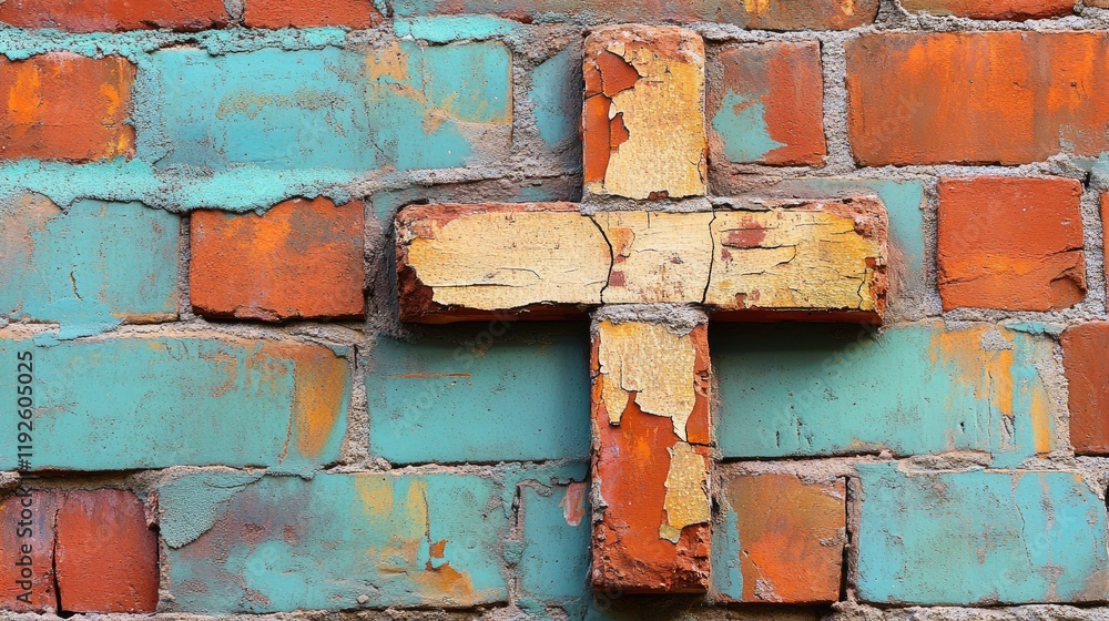Poster abstract brick wall with a weathered cross symbol highlighting rustic textures and colors on a sunny