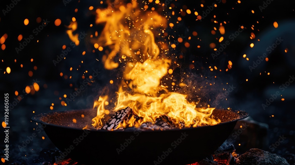 Poster intense close up of vibrant fire flames rising from a fire pit with dark background and ample copy s