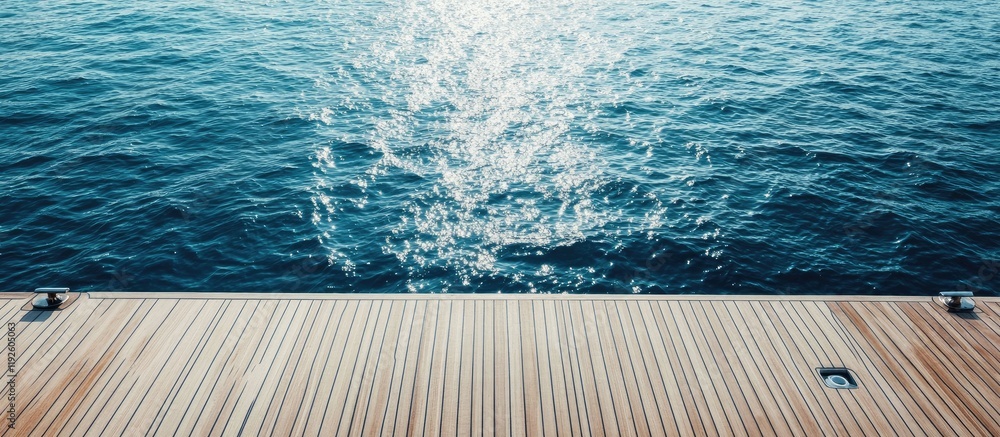 Aufkleber timber deck perspective overlooking sparkling sea with yacht in the distance creating a serene marit