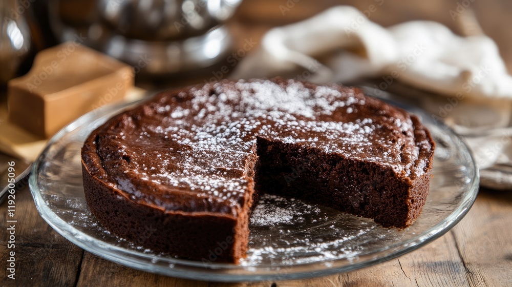 Poster decadent chocolate cake with powdered sugar on glass plate showcasing a slice and rustic wooden back
