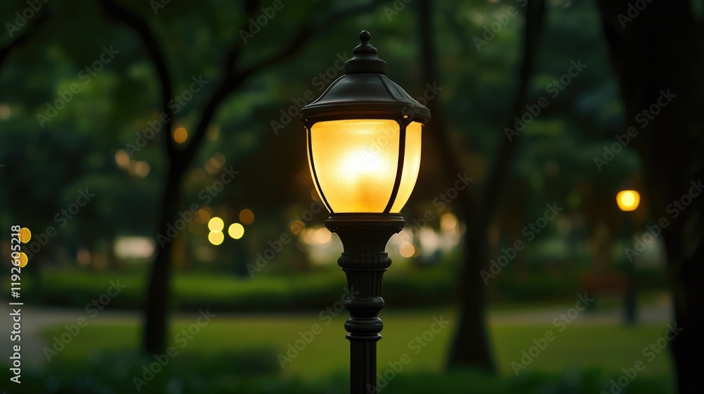Poster illuminated vintage lamp post in a serene park setting at dusk surrounded by lush greenery and soft 