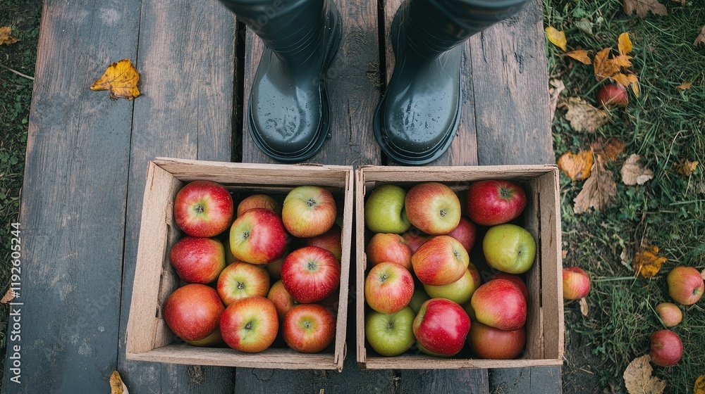 Poster person in rubber boots standing by wooden boxes filled with freshly picked apples in an autumn setti