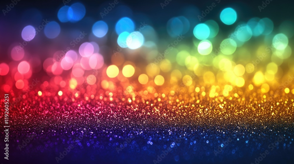 Poster vibrant rainbow bokeh background with defocused glitter texture in rich black and blue hues for crea