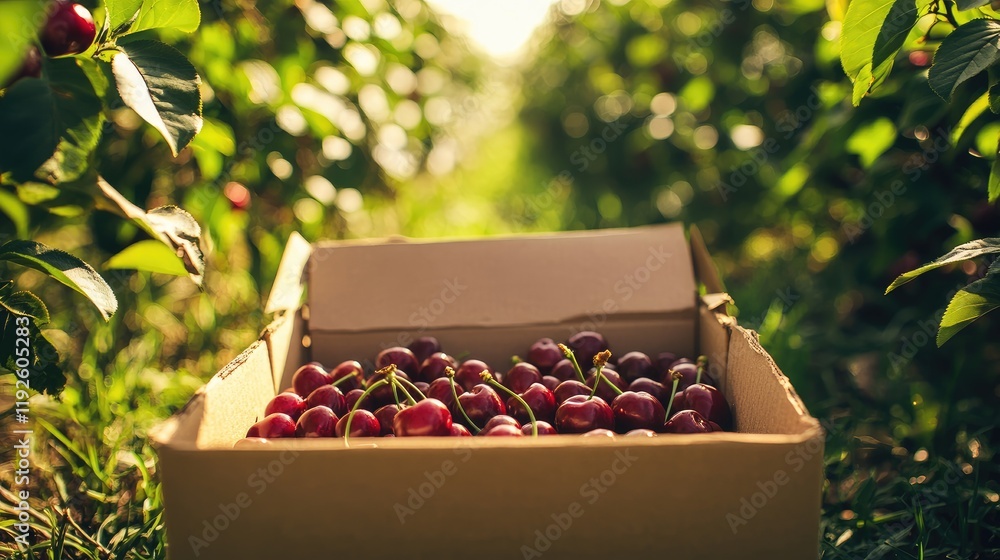 Aufkleber fresh cherries in a cardboard box positioned in a vibrant orchard with ample space for text or brand