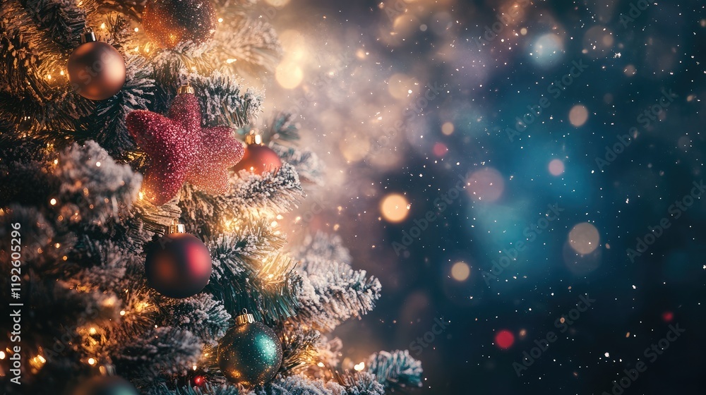 Poster cosmic christmas tree with decorations and bokeh lights capturing holiday magic in a space setting w