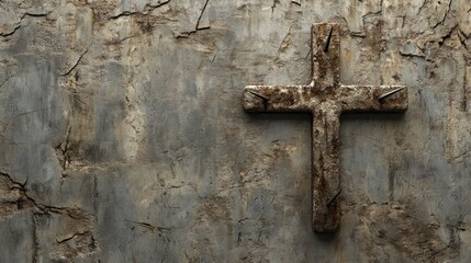 Weathered cross with three nails mounted on a cracked wall symbolizing faith and resilience in a rustic setting.
