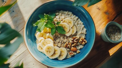 Wholesome breakfast bowl of oatmeal with sliced bananas walnuts and fresh mint on a wooden table surrounded by greenery