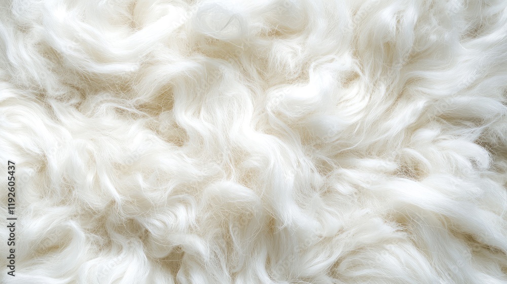 Poster Textured white wool tuft in macro view top down perspective showcasing soft, fluffy fibers perfect for backgrounds and design elements
