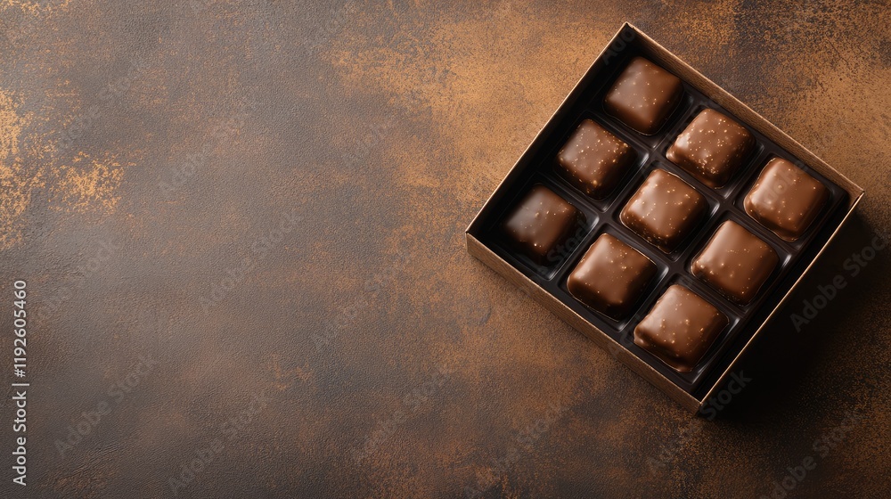 Poster elegant box of chocolate pralines with caramel filling on a textured brown background with space for