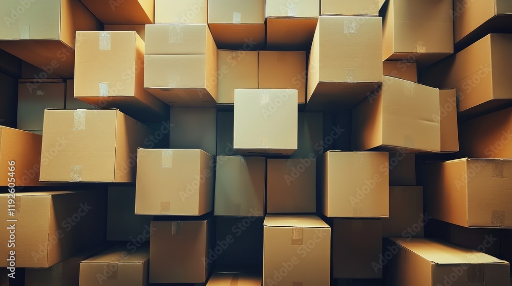 Poster cardboard boxes stacked in a warehouse highlighting logistics and distribution operations for invent