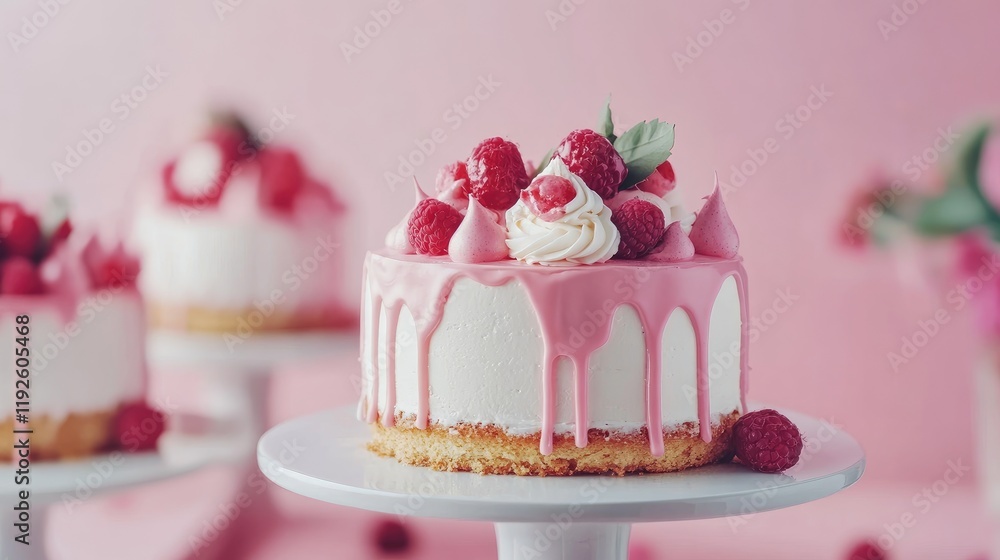 Poster Elegant Creamy Cakes with Raspberry Toppings on Display Against a Soft Pink Background in a Stylish Bakery Setting