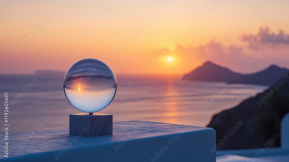 Poster crystal ball reflecting sunset over serene ocean view with hills in the background creating a tranqu