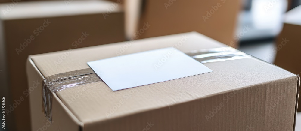Poster cardboard box with return label and blank space for personal text in a shipping environment focused 