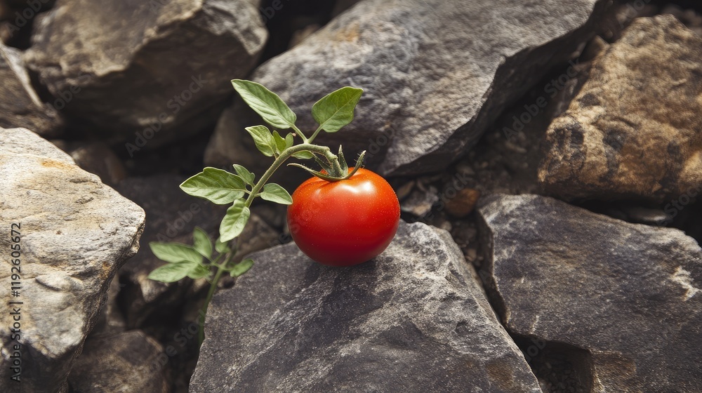 Poster fresh tomato on a vine surrounded by natural stones with a rustic background suitable for culinary a