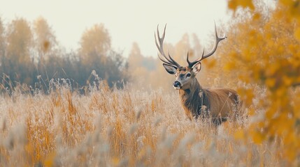 Majestic male deer with impressive antlers standing in a serene autumn landscape showcasing the beauty of wildlife and nature photography