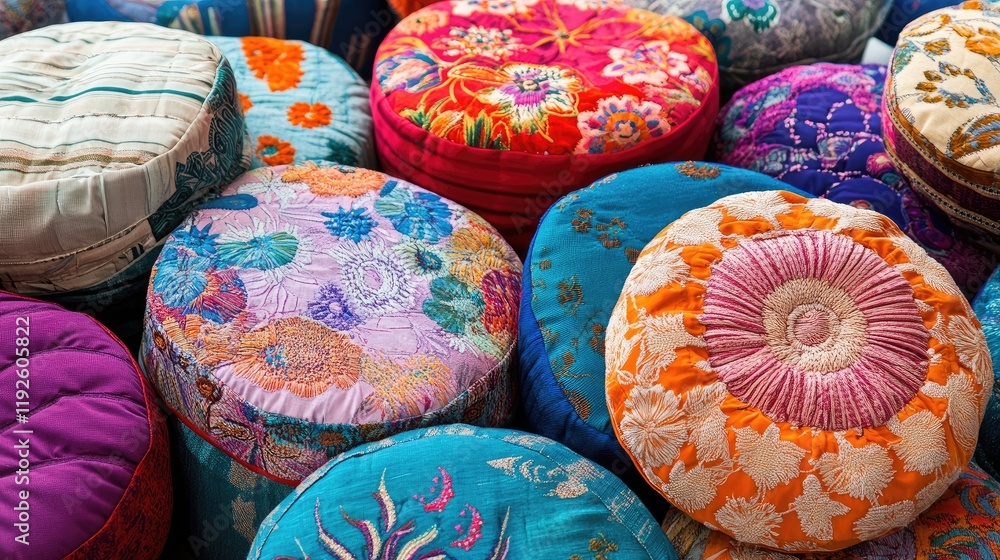 Poster Colorful Fabric Poufs with Intricate Patterns in a Decorative Pile for Home Interior Design and Bohemian Style Decor