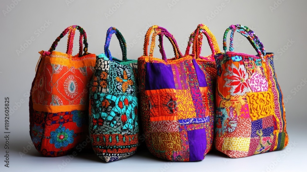 Poster Colorful Handmade Cloth Bags Displayed in a Row Showcasing Unique Patterns and Textures