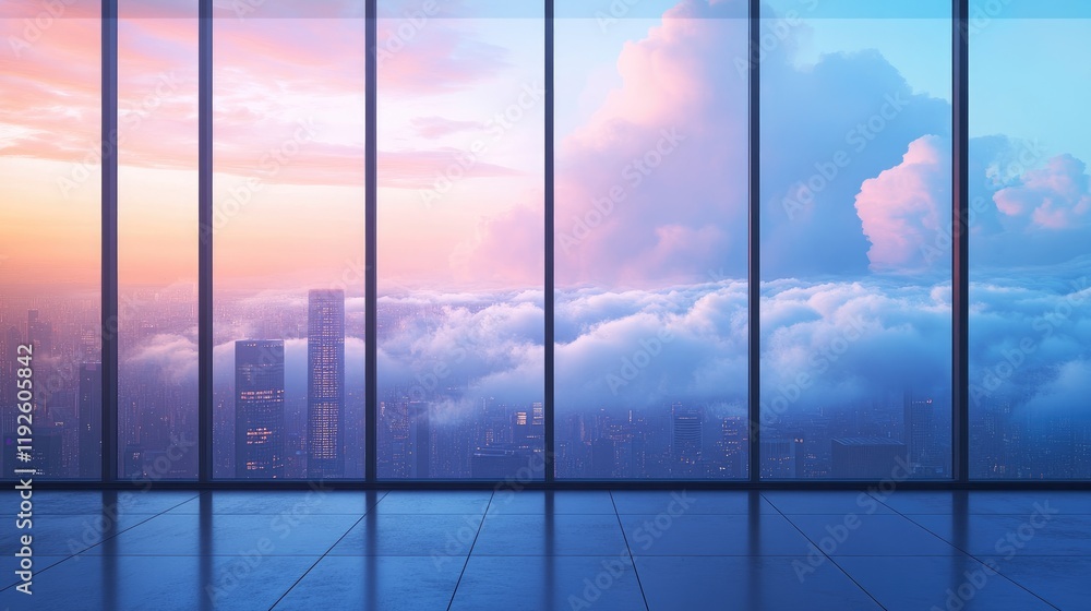 Poster twilight cityscape with skyline view from empty floor through glass windows overlooking clouds and c