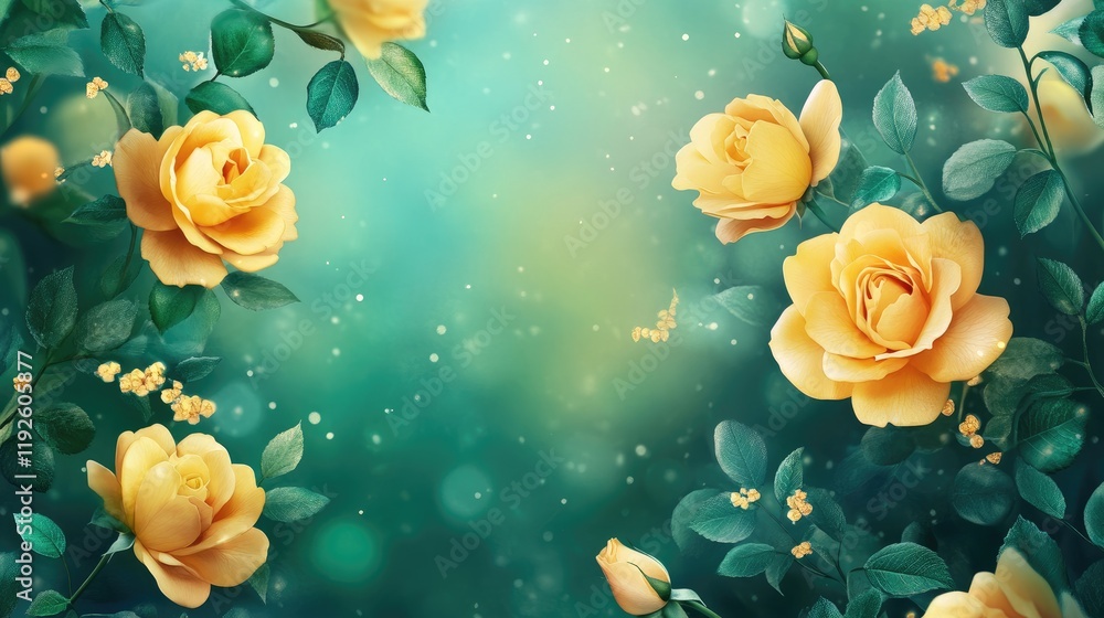 Aufkleber vibrant yellow roses surrounded by lush green leaves and a soft ethereal background creating a seren