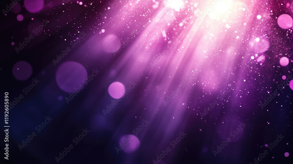 Poster Purple and pink bokeh lights with rays of light creating a dreamy and vibrant background for designs or festive themes