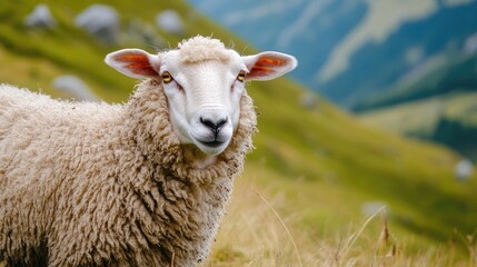 Fototapeta premium Portrait of a sheep grazing in a lush mountain pasture with scenic greenery and soft hills in the background.