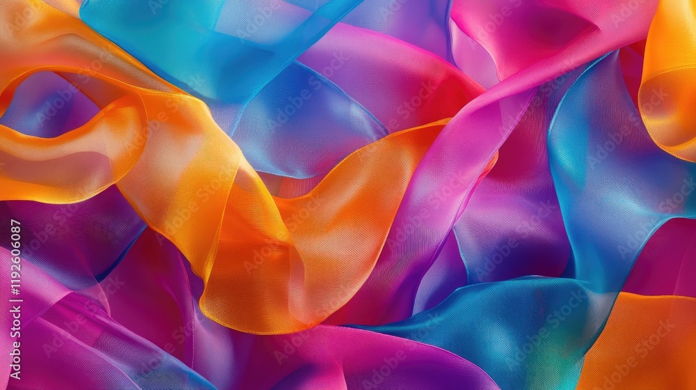 Poster Colorful silk fabric streamers in vibrant abstract patterns creating a flowing texture background suitable for design and artistic projects.