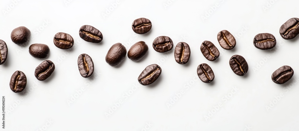 Poster black coffee beans scattered on a clean white background ideal for text placement and coffee-related