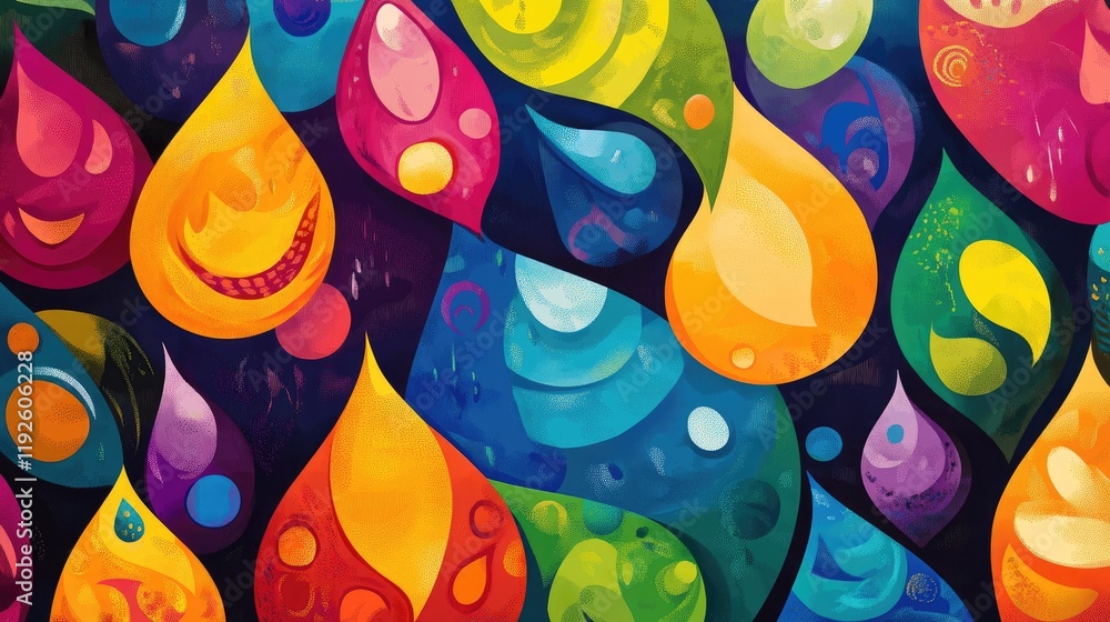 Poster Colorful abstract raindrops featuring vibrant droplets and dynamic swirling patterns on a dark background