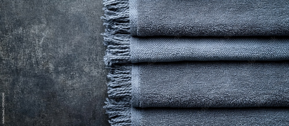 Poster close up of clean gray towels neatly stacked on a dark textured background with ample blank space fo