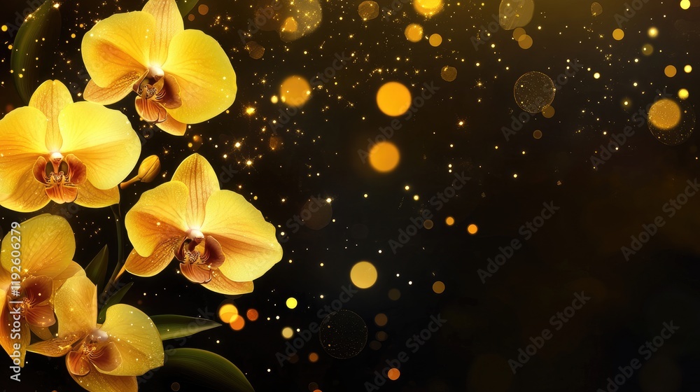 Poster elegant yellow orchids illuminated against a dark backdrop with bokeh effects creating a stunning fl