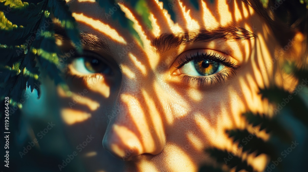 Aufkleber close up of eyes peering through fern leaves with dynamic sunlight creating beautiful patterns and s
