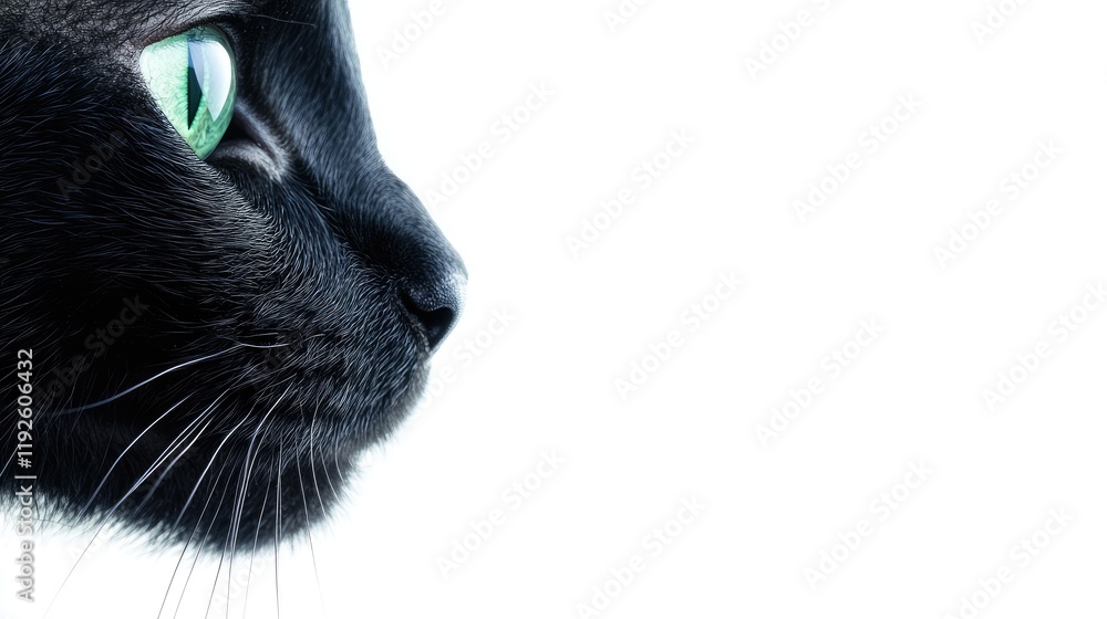 Poster close-up profile of a black cat with striking green eyes against a white background ideal for text o