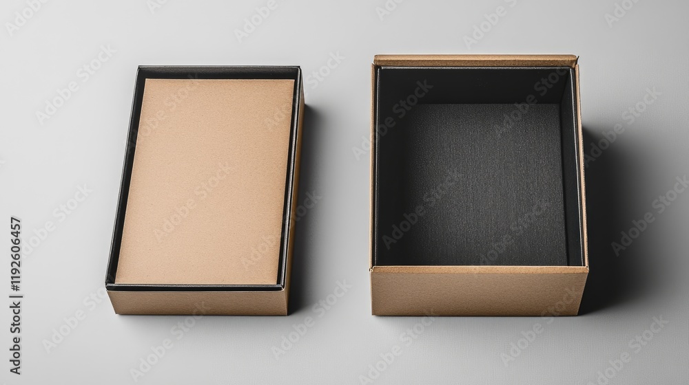 Poster cardboard packaging box set open and closed on neutral background for product presentation and shipp