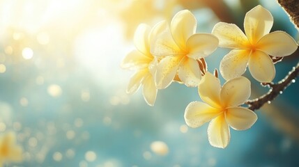 Fototapeta premium Yellow frangipani flowers blooming in sunlight against a soft blurred background showcasing the beauty of nature and tranquility.