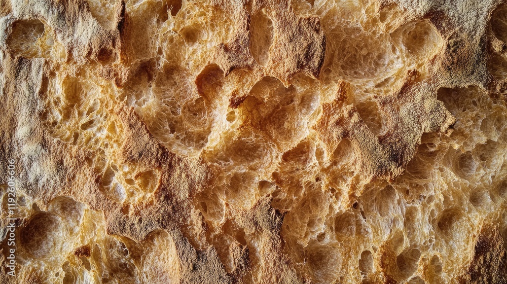 Poster close up macro shot of rustic brown crusty bread texture highlighting its unique porous structure an