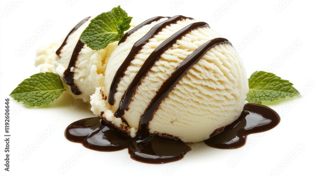 Poster vanilla ice cream scoop drizzled with chocolate sauce and garnished with fresh mint leaves on a whit