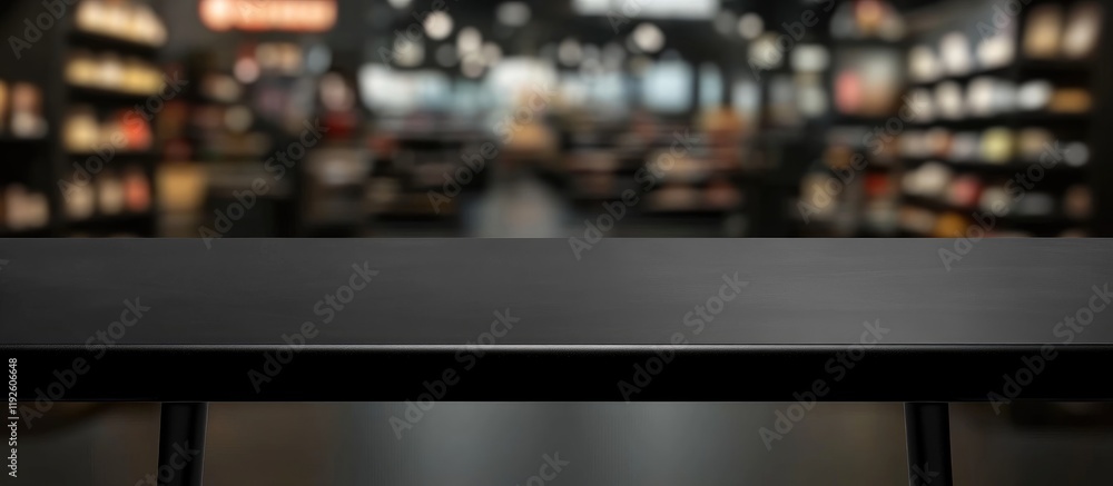 Poster Black table in store setting with blurred background ideal for product montage and text placement showcasing modern retail environment