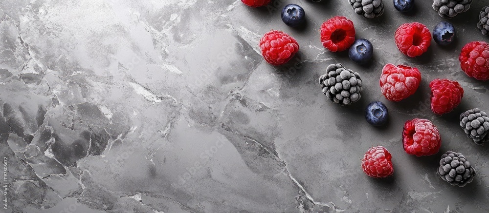 Aufkleber assorted fresh raspberries blackberries and blueberries on grey marble background with space for cre