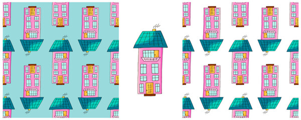 Naklejka premium Houses. Set city seamless patterns. Pattern in hand draw style