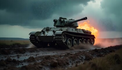 Tank moving carefully over a minefield during a heavy rainstorm in the mud
