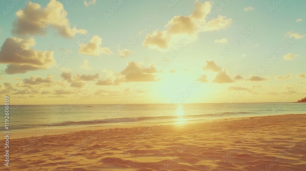 Poster tranquil yellow sunset over calm ocean waves with fluffy clouds and sandy beach creating a serene ho